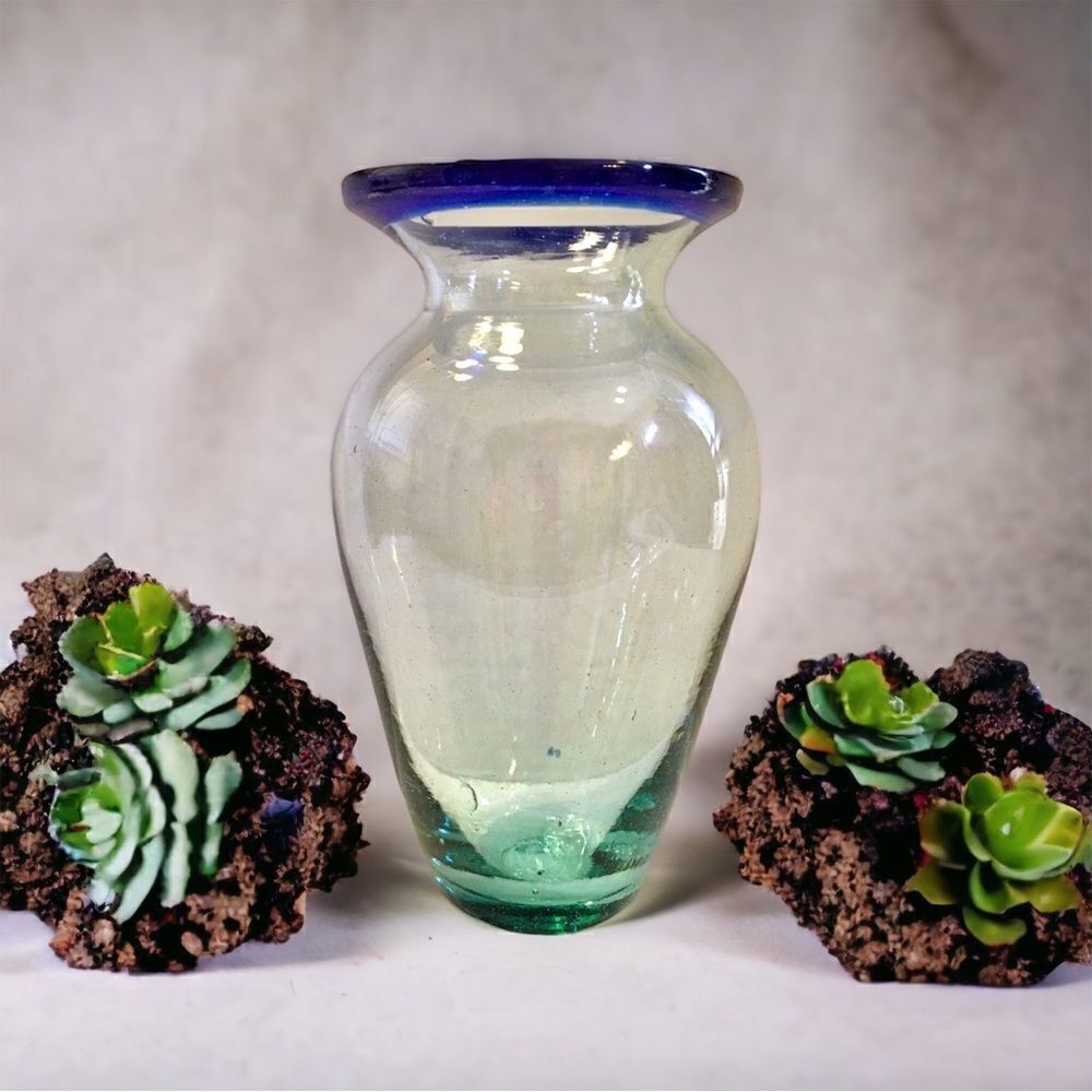 Green Tint Cobalt Blue Rim Bubbled Blown Art Glass Bud Vase